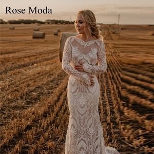 فساتين الحفلات Rose Moda V الظهر بأكمام طويلة دانتيل فستان زفاف بوهيمي فستان زفاف بوهو مخصص جعل Real Pos 230224