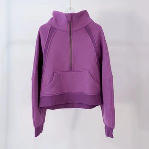 Tasarımcı Yoga Hoodie Kadınlar Plus Velvet Lavanta Mektubu Baskı Kalınlaşma Sporları Khaki Gri Yarım fermuar Terry Sweater Gevşek Kısa Giysiler Sweatshirt Serisi S-XL