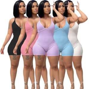 Designer Sexy Ribbed Rompers Women Summer Sleeveless Spaghetti Straps Jumpsuits Casual V Neck Bodycon Playsuits Night Club Wear Overalls 9325