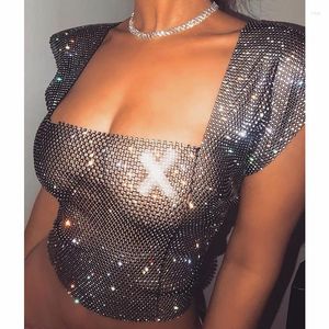 Women's Tanks Sparkly Rhinestone Black Tank Top For Women White Color Mesh Sexy Hollow Festival Wear Bra Holiday Burning Man Outfit