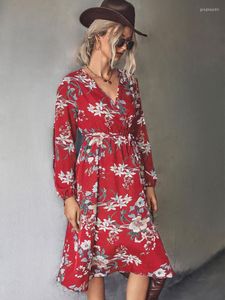 Vestidos casuais Mulheres Floral Pring Long Dress Sexy V pescoço bohemian retro maxi vestidos feminino elegante partido s-xl