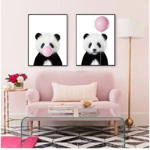 Cute Pink Balloon Baby Shower Gift Canvas Painting Baby Panda Print Animal With Bubble Gum Poster Nursery Wall Art Picture Decor Woo