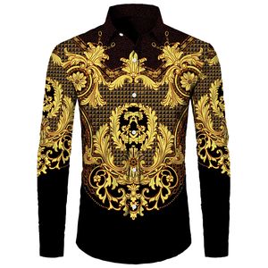 Mens Casual Shirts Barock Court Style Men skjortor Gyllene mönster långärmad toppar TurnDown Collar Button Shirt Fashion Luxury Social Mens Clothing 230224