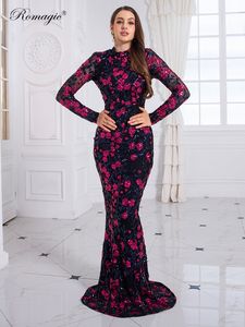 Party Dresses High Neck Full Sleeve Luxury Sequin Flowers Celebrity Evening Party Dress Floor-length Bodycon Mermaid Cocktail Prom Gown 230223