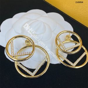 Double F Gold Studs Diamond Big Hoop Earrings Designer Jewelry Earring Rhinestone Dangler Two Wear Style With Box
