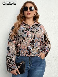 Women's Plus Size T-Shirt GIBSIE Plus Size Paisley Print Lapel Neck Button Through Women Shirts Vintage Long Sleeve Spring Fall Casual Shirt Tops Female 230224