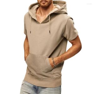 Herrtröjor avslappnad enkel fast färg lös hoodie mens 2023 vår sommar fritid kort ärm v hals huva t-shirt män kläder