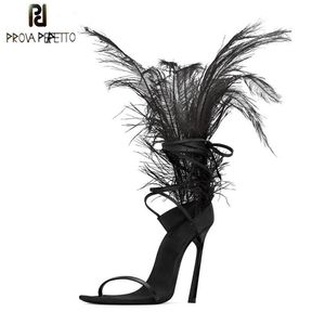 Sexy Black Feather Sandals For Women Ostrich Hair Decor Thin High Heels Dance Shoes ladies Fur Sandals Party zapatos de mujer 1010234Y