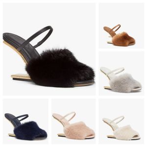 2023 Luxury Brand First Women's Sandals Shoes Black Fur Strap Gold-colored F-shaped Sculpted Heels Lady Wedge & Mules Sexy Peep Toe Woman White Slippers Shoe EU35-43