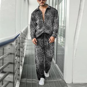 メンズトラックスーツファッションパターン印刷2ピースセット男性春秋レジャー長袖シャツとパンツスーツメンズカジュアルルーズ