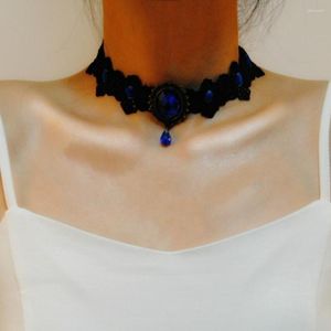 Choker Lace Tattoo Necklace Women Vintage Faux Semi-precious Stone Crystal Gothic Punk Collar Jewelry