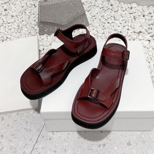 Sandals ladies casual shoes the row designer fashion brand leather thick bottom buckle open toe black burgundy 2023 summer new outdoor beach shoes 35-40 with box
