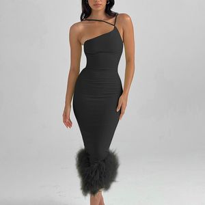 Elegantes One-Shoulder-Feder-Bottom-Midikleid für Frauen Robe Sommer Neues ärmelloses, figurbetontes langes Kleid Clubwear