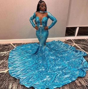 Blue Mermaid African Black Girl Evening Dresses Sequin Crystal Belt Pageant Prom Gown Sweep Train Cut Out Vestidos De Soiree
