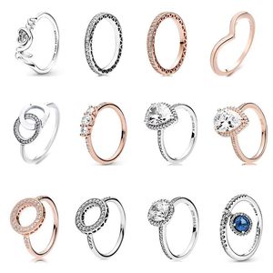 Pandora-925 Sterling Gümüş Sehşetler Yeni Anneler Günü Yüzük Logo Love Ring Kişilik Armut şeklindeki mavi mücevher v-şekilli taç yüzük