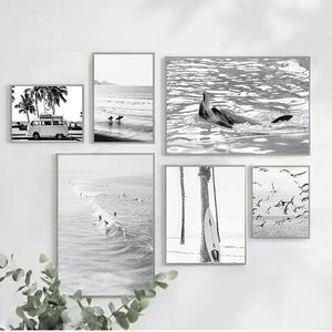 リビングルームサーフィンのための絵画サーフィン沿岸装飾カリフォルニアウォールアート黒と白のオーシャンプリントビーチキャンバスウー