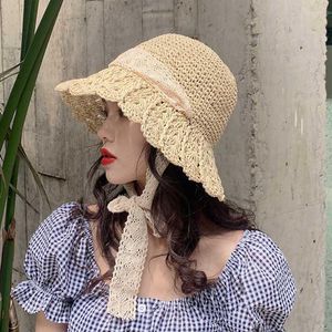 Chapéus largos de aba larga Terra artesanal Sol para feminino Lace de fita Up Large Straw Hat Outdoor Beach Summer Capswide