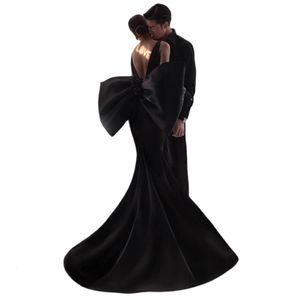ウエストチェーンベルトは別々の黒いビッグサテン弓ドレスノットリムー可能な花嫁イブニングドレス230224