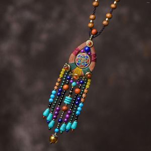 Подвесные ожерелья этнический стиль длинное свитер тибетский непал ожерелье ретро -кисточка бирюзовые женщины деревянные украшения оптом