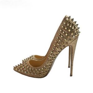 Spikes glitter Rivets Stumo con fondo rosso Cl Bottoms Scarpe con tacchi alti in oro d'argento Donne papillini glitter con puntate di punta di punta di punta di punta di punta di piedi da donna scintillanti