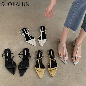 Sandals SUOJIALUN 2022 Brand Women Sandal Fashion Narrow Band Flat Heel Ladies Gladiator Shoes Pointed Toe Ankle Buckle Zapatos Muje 230224