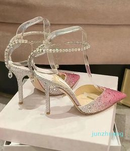 Senaste Saeda Y-formade strass kedjekl￤nningskor Stilettos Bride Women's Buckle 33 Sandaler Spetsade Toe Sandals Ankel Bright Diamond-Chain High-Heeled