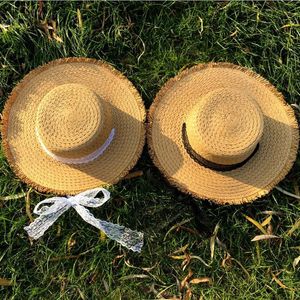 Широкие шляпы летняя соломенная шляпа Женщины Солнце защита пляжная кружевная лента Bownot Cap Casual Ladies Flat Top Panama Whate White