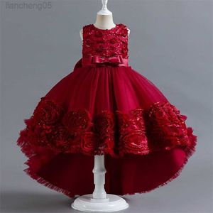 Girl's Dresses Floral Girls Princess Party Dresses for 3-12 Years Puffy Tulle Trailing Xmas Elegant Children Clothing Birthday Wedding Gown W0224