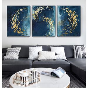 Art Living Room Entrance Decoration Picture Golden Fish Abstract Wall Poster Style Canvas Print Painting Contemporary Woo