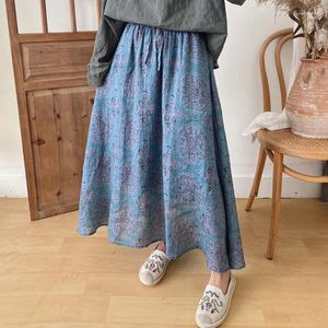 Saias johnature Print Print Ramie Elastic Waist All Match Women 2023 Autumn Blue Liege Tie Loue Double Caying forring