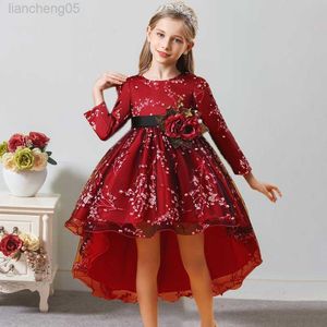 Flickans klänningar Autumn Winter Släping Party Dresses Long Sleeve Flower Kids Bridesmaid Dress for Girls Wedding Princess Dress Evening Prom Gown W0224