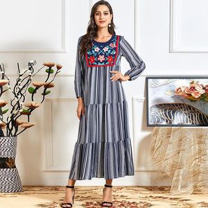 Casual Dresses Belgium Plus Size Women's Floral Embroidery Stitching Bohemian Long-sleeved Striped Loose Dress Muslim Long SkirtCasual
