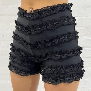 Damen-Shorts, Y2K, niedlicher Spitzenbesatz, Sommer, hohe Taille, schmale Passform, figurbetont, für Damen, schicke Vintage-Mode, schwarz-weiße untere Kleidung