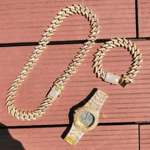 цепи 3 шт. комплект хип-хоп Iced Out полный Bling горный хрусталь мужские шипы зубец кубинское звено ожерелье часы браслет для мужчин женщин JewelryChains Y8rD #