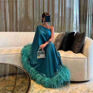 파티 드레스 Xijun Dubai Green Feathers 새틴 이브닝 드레스 1 어깨 주름 ruched Saudi Arabic Women 형식 파티 댄스 파티 가운