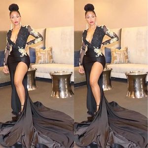 Sexy Black Mermaid Prom Dresses With Gold Appliques 2023 New Sheer Long Sleeve Deep V Neck Split Evening Gowns For Teens Formal Party Vestidos