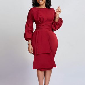 Casual Dresses Puff Sleeve Midi Dress Women Ruffle Crew Neck Formal Party Cocktail Pencil Dress with Belt Belt Vestidos 230223