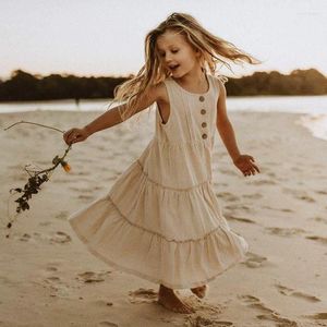 Girl Dresses Girls Bohemian Long Maxi Linen Dress Summer Beach Style Ruffled Casual Sleeveless Suspender TZ227