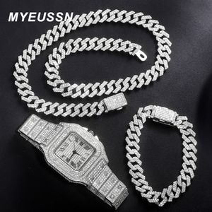 Подвесные ожерелья Hip Hop 13 мм кубинская цепь 3pcs Watchnecklacebrete Bling Crystal Mice Out кубинские цепи для женщин -ювелирных изделий для женщин 230224