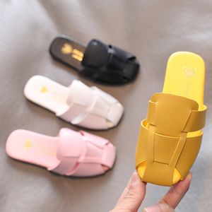 Slipper Kids s Weave Leather Shoes Girls Princess Sheos Mules Cover Toe Slides Chidlren Household Indoor Shoe White Black 230224