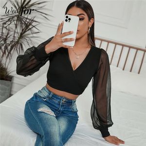 Women's Two Piece Pants Wedifor Spring V Neck Mesh Patchwork Women Tees Tops Black Knitted See Through Slim Cropped Fashion Female TShirt 230224