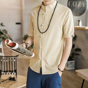 Camisas casuais na moda masculina verão gola alta botão camisa de manga curta cor sólida magro roupas de rua tang terno hanfu topo