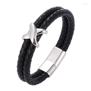 Charm Bracelets Trendy Cross Men Bracelet Double Layer Stainless Steel Leather Bangles Magnetic Clasp For Boyfriend Fashion Jewelry Gifts