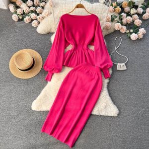Men's Sweaters Ruffles Design Winter Knitted Sets Women Lantern Sleeve Top Sheath Midi Long Skirt Fashion Sweater Two Pieces Suits