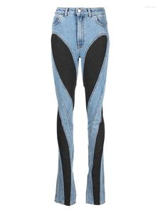 Jeans feminino fashion fino desconstruído patchwork cintura alta repartido azul calça jeans longa outono