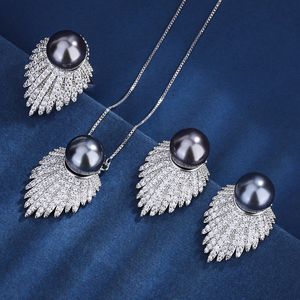 Angle Wings Pearl Zircon Jewelry Conjunto 14K Colar de bracelete para festas de festas de ouro branco para mulheres joias de festa de promessa nupcial