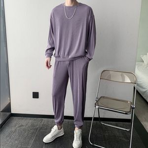 Men sTacksuits Black Grey Purple Pleated Sets Men Fashion Stonge Logo Longe Manguated Tours Troushers Two Piece Corean Mens Ice Seda 230224