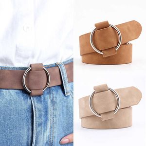 Belts Women Leather Belt Fashion Round Metal Buckle Female Leisure Dress Jeans Wild Without Pin Strap Allmatch Lady Adjustable Belts Z0223