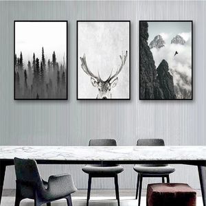 Wand-Kunstdruck, minimalistisches Gemälde, Wohnzimmer-Bild, skandinavischer Wald, Hirsch, Adler, Schwarz-Weiß-Landschaft, Leinwand-Poster, nordisches Woo