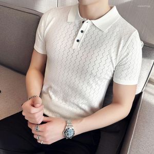 Men's T -skjortor 4Colors Summer Short Sleeve Striped Polo For Men Clothing 2023 Business Slim Fit Breattable Holes Casual Tee Shirt Homme